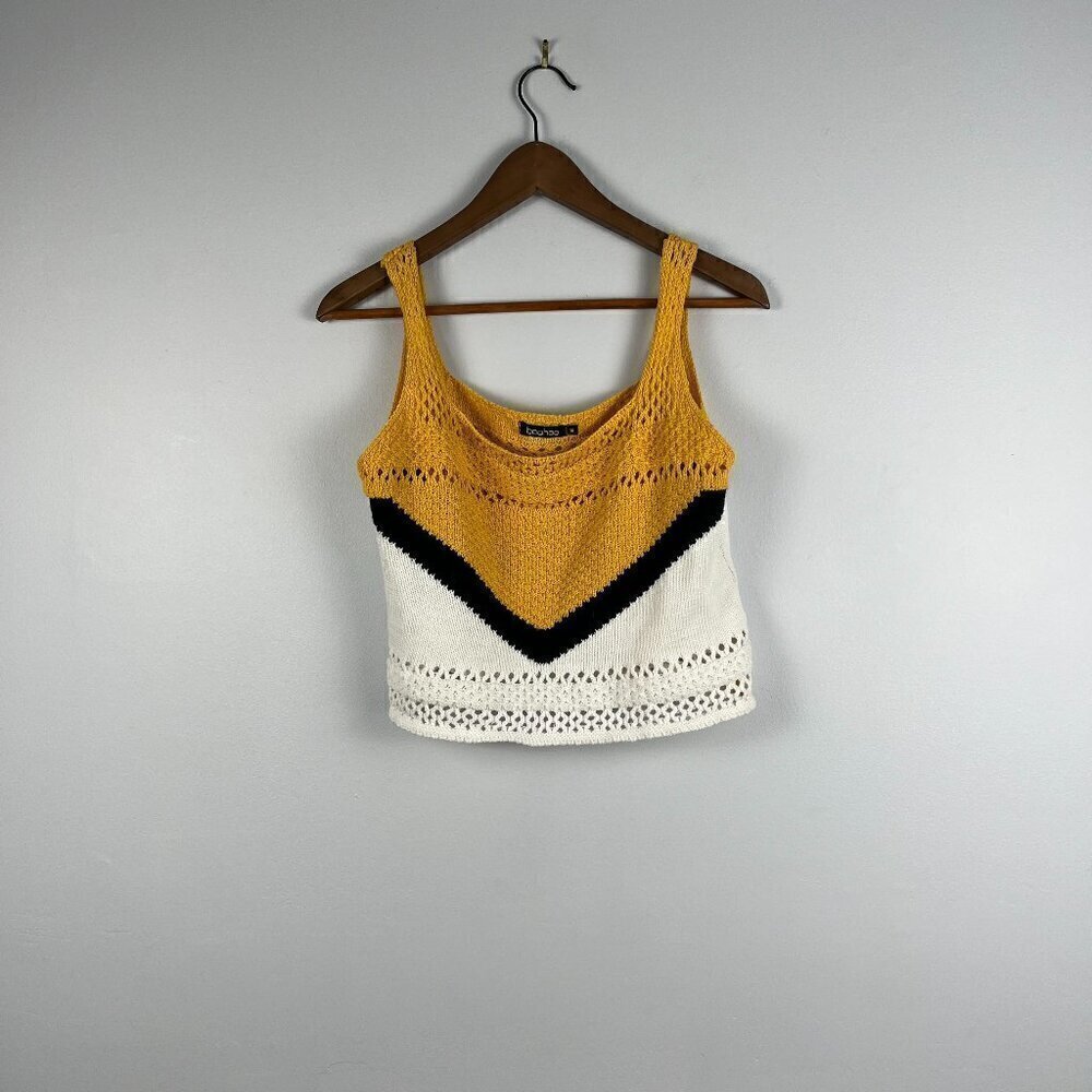 boohoo women knitted crop cami top yellow, white black size 14
